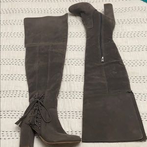 Gray thigh high boots